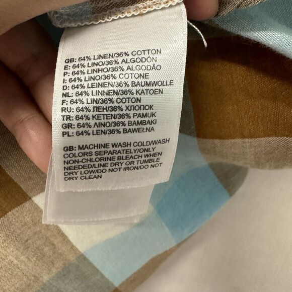 The North Face Mens‎ Large Blue Plaid Linen Cotton Short Sleeve Button Up Shirt - Picture 10 of 13